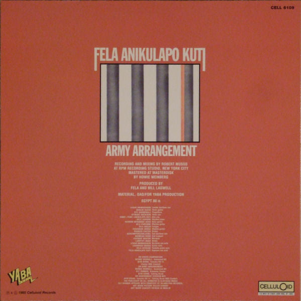 Image of Back Cover of LP - VG/EX - FELA ANIKULAPO KUTI, Army Arrangement (Celluloid; CELL 6109, US Reissue), Still in opened shrinkwrap but with crease on sleeve. ,  - 3726030E