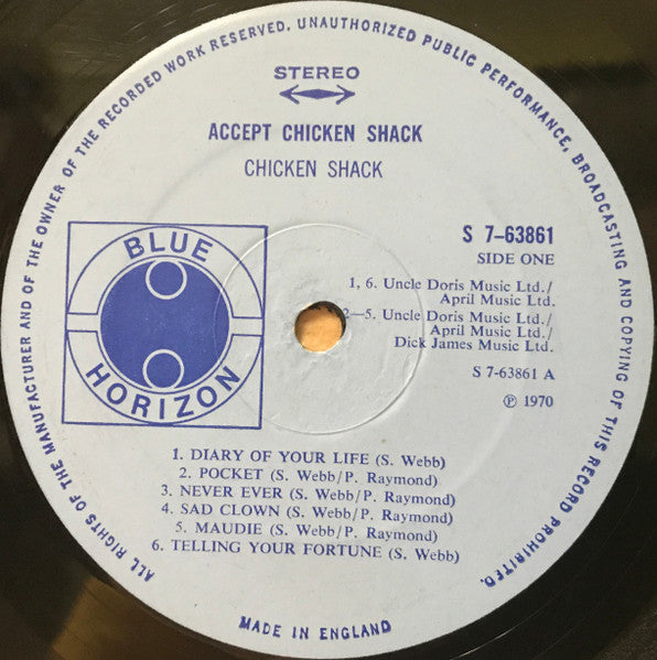 Image of Label Cover of 2324333E: LP - CHICKEN SHACK, Accept (Blue Horizon; 763861, UK 1970) Sticker Damage To Sleeve, Writing on Front Sleeve  G+/G