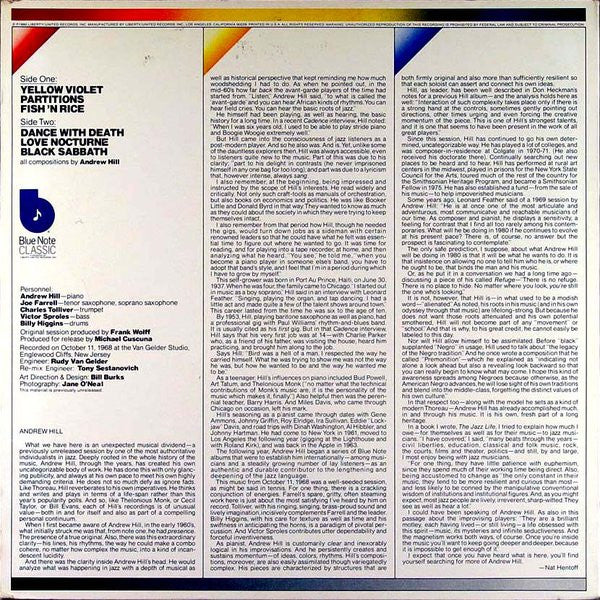 Image of Back Cover of 4545276S: LP - ANDREW HILL, Dance With Death (Blue Note (Dark Blue w/ white 'b'); LT-1030, US 1980, Stereo) Cut-out (Hole punched)  VG/VG