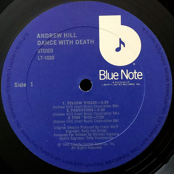 Image of Label Cover of 4545276S: LP - ANDREW HILL, Dance With Death (Blue Note (Dark Blue w/ white 'b'); LT-1030, US 1980, Stereo) Cut-out (Hole punched)  VG/VG