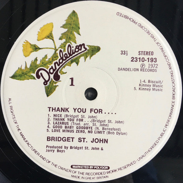 Image of Label Cover of LP - G+/G - BRIDGET ST JOHN, Thank You For... (Dandelion; 2310 193, UK 1972, Gatefold), Lots of surface marks, hairlines and some mottling, Sleeve pretty worn but intact. ,  - 3416354C
