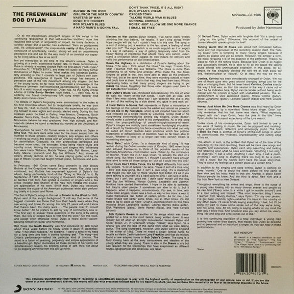 Image of Back Cover of LP - EX/EX - BOB DYLAN, The Freewheelin' Bob Dylan (Columbia; CL 1986, Europe 2014 Reissue, Mono, 180 Gram Vinyl, With CD), ,  - 4226018E