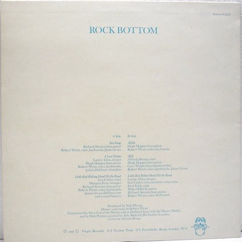 Image of Back Cover of 5144314S: LP - ROBERT WYATT, Rock Bottom (Virgin Coloured Drawing; V 2017, UK 1974) Sticker Damage To Sleeve  VG/VG+