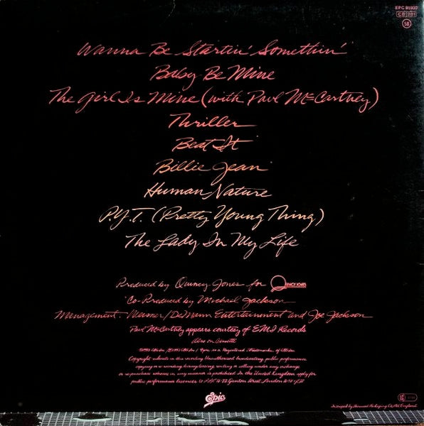 Image of Back Cover of LP - VG+/VG - MICHAEL JACKSON, Thriller (Epic; EPC 85930, UK 1980s Reissue, Gatefold, Inner, White labels with Blue Epic Logo), ,  - 3926030E