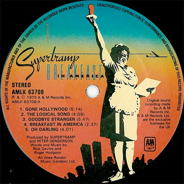 Image of Label Cover of LP - VG/VG - SUPERTRAMP, Breakfast In America (A&M Records Picture Label; AMLK 63708, UK 1979, Inner, "Tone" Runout), ,  - 2446044S