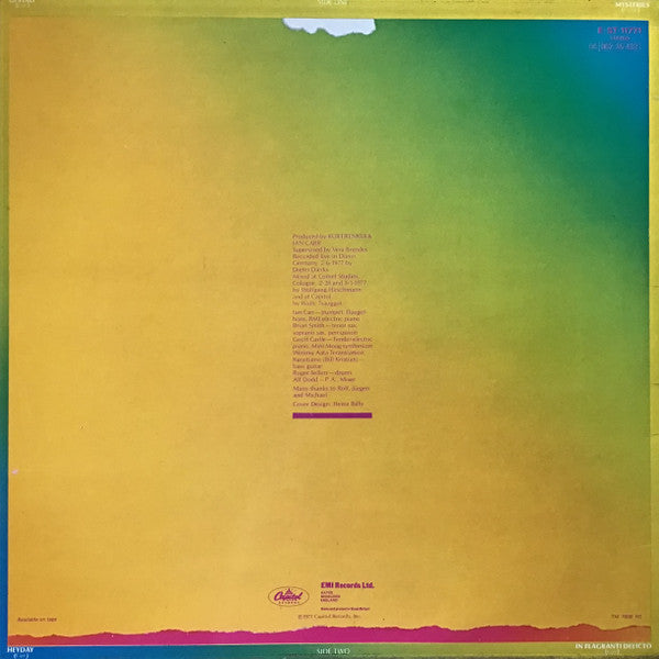 Image of Back Cover of LP - VG/VG - IAN CARR'S NUCLEUS, In Flagranti Delicto (Capitol; EST11771, UK 1978, Laminated Sleeve, Stereo), Strong VG - light hairlines, laminate creasing, gold promo stamp on back cover,  - 3946386S