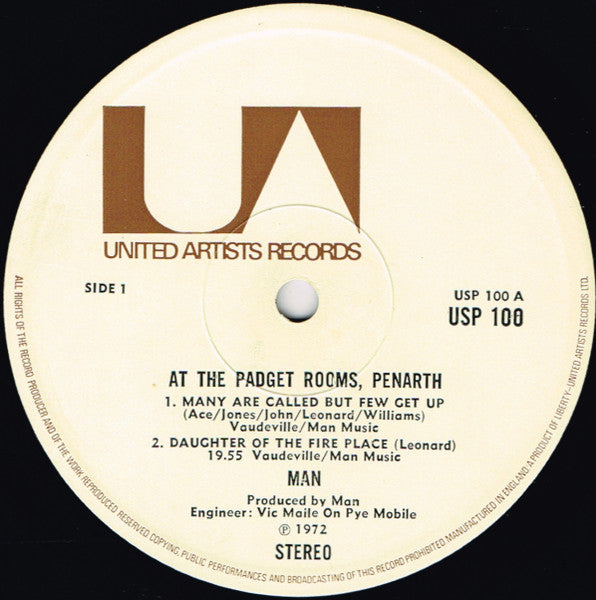 Image of Label Cover of LP - VG/VG - MAN, Live At The Padget Rooms, Penarth (UA; USP 100, UK 1972), Strong VG,  - 3816086C