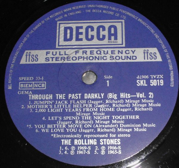 Image of Label Cover of LP - VG+/VG+ - THE ROLLING STONES, Through The Past, Darkly (Big Hits Vol. 2) (Decca; SKL 5019, UK 1970 Reissue, Square Laminated Front Sleeve With Indicator Hole, Blue Stereo Inner, Stereo, Inverted Matrix on Label.), ,  - 3526184E