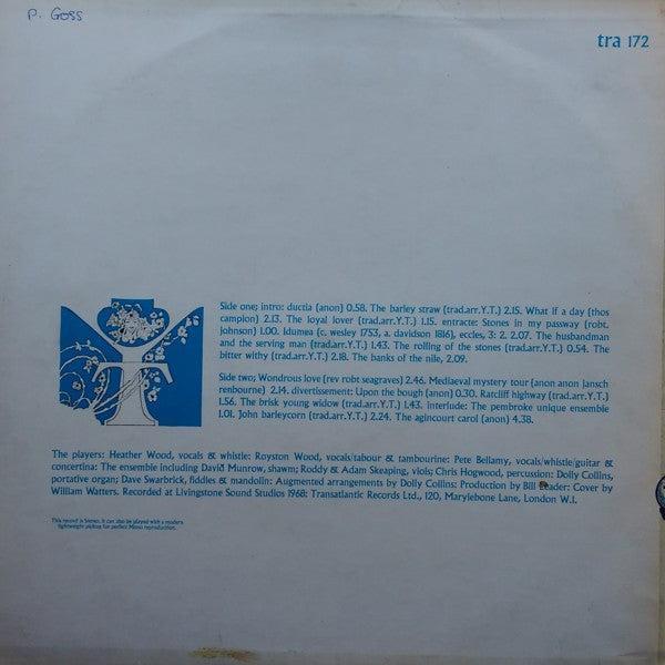 Image of Back Cover of 2524113E: LP - THE YOUNG TRADITION, Galleries (Transatlantic; TRA172, UK 1968)   VG/VG