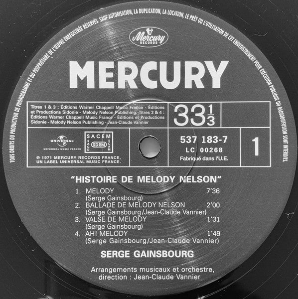 Image of Label Cover of 5134082E: LP - SERGE GAINSBOURG, Histoire De Melody Nelson (Mercury; 537 183-7, France 2016 Reissue)   NEW/NEW