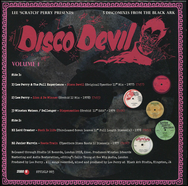 Image of Back Cover of LP - NEW/NEW - LEE "SCRATCH" PERRY, Disco Devil Vol. 1 (Studio 16; STU16LP 003, UK 2018 Reissue), , 5 Classic Discomixes from The Black Ark Studio 1977-1979, featuring 12" Upsetters mix for dub classic "Disco Devil".  - 2416523C