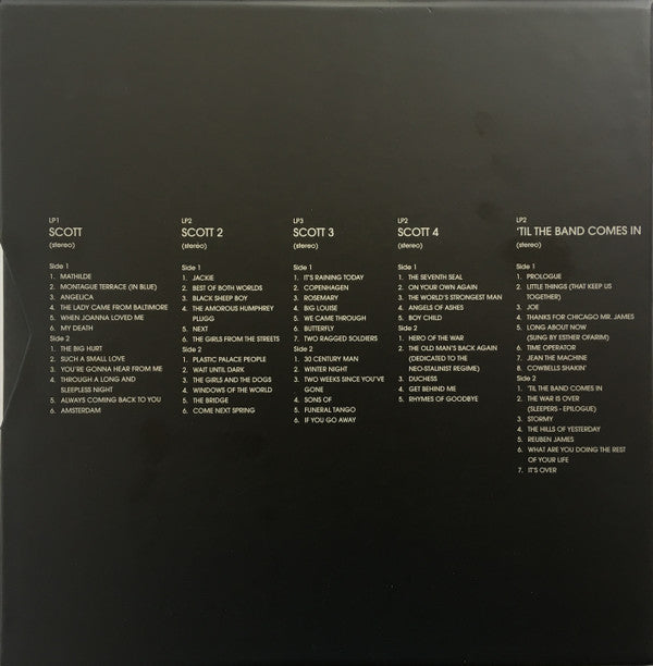 Image of Back Cover of 5xLP - VG+/VG+ - SCOTT WALKER, Scott (The Collection 1967-1970) (Universal; SWLP196770, Europe 2013, Box Set, Booklet), Strong VG+ throughout. Little cosmetic mark on LP 2, all now in poly-lined inners. Very minor shelf wear, Nice copy!,  - 4216228C