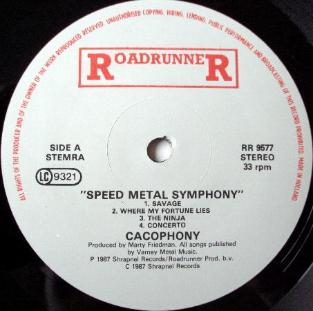 Image of Label Cover of 4614120C: LP - CACOPHONY, Speed Metal Symphony (Roadrunner Records; RR 9577, Europe 1987) Sleeve is intact but has pinches to every edge and a crease  G+/VG