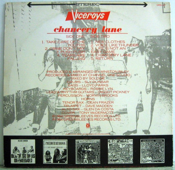 Image of Back Cover of 2414303C: LP - THE VICEROYS, Chancery Lane (Greensleeves; GREL 67, UK 1984, Picture Sleeve) Great copy all round!  VG+/VG+