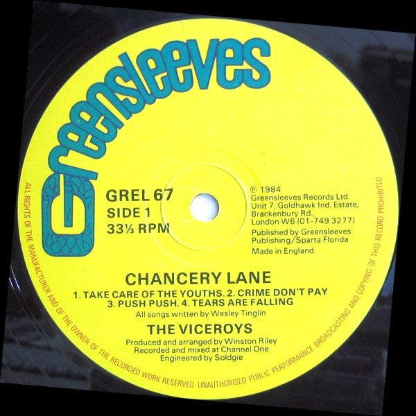 Image of Label Cover of 2414303C: LP - THE VICEROYS, Chancery Lane (Greensleeves; GREL 67, UK 1984, Picture Sleeve) Great copy all round!  VG+/VG+