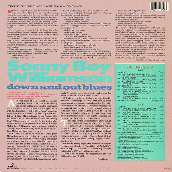 Image of Back Cover of LP - VG/VG+ - SONNY BOY WILLIAMSON, Down And Out Blues (Chess; CH 31272, UK 1990 Reissue), Ripped sticker on sleeve front,  - 3916372C