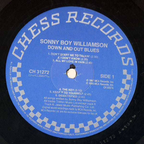 Image of Label Cover of LP - VG/VG+ - SONNY BOY WILLIAMSON, Down And Out Blues (Chess; CH 31272, UK 1990 Reissue), Ripped sticker on sleeve front,  - 3916372C