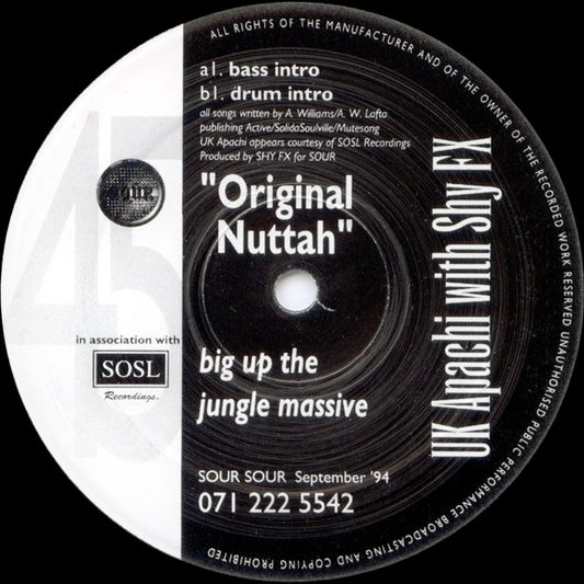 Image of Front Cover of 12" - /VG - UK APACHI WITH SHY FX, Original Nuttah (Sour; SOUR 008, UK 1994), light marks only - conservative grading,  - 2146131S