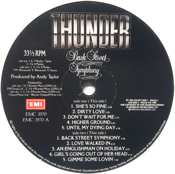 Image of Label Cover of LP - VG/VG - THUNDER, Back Street Symphony (EMI; EMC 3570, UK 1990, Inner), Strong VG,  - 3926276E