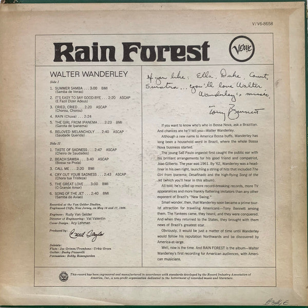 Image of Back Cover of LP - VG/VG - WALTER WANDERLEY, Rain Forest (Verve Records  ; V6-8658, US 1966, Pasteback Sleeve, Original Company Inner), Still In Opened Shrinkwrap,  - 1746188S