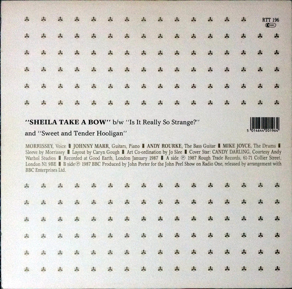 Image of Back Cover of 12" - VG+/VG+ - THE SMITHS, Sheila Take A Bow (Rough Trade; RTT 196, UK 1987, Picture Sleeve, Die-Cut Pink Inner, EMI Pressing), Strong VG+ Throughout,  - 2526194E