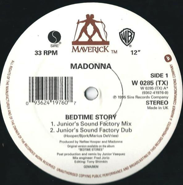 Image of Label Cover of 12" - VG/VG - MADONNA, Bedtime Story (Maverick; W0285 TX, UK 1995, Metallic Sleeve, Orbital & Junior Vasquez Remixes), ,  - 3316118C