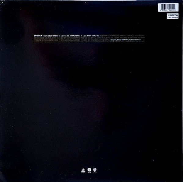 Image of Back Cover of 12" - VG/VG - MADONNA, Erotica (Maverick; W0138TW, UK 1992, Hype Stickered Sleeve, With Poster), Lovely unused poster, sleeve opening worn, light marks.,  - 3316035C