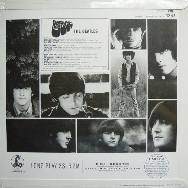 Image of Back Cover of LP - VG+/VG+ - THE BEATLES, Rubber Soul (Parlophone; PMC 1267, Worldwide 2014 Reissue, Glossy Flipback Sleeve, No Brochure Insert, No Hype Sticker, Mono, Remastered, 180 Gram), Strong clean copy.,  - 3746127S