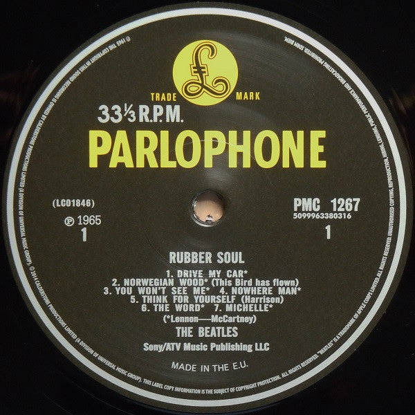 Image of Label Cover of LP - VG+/VG+ - THE BEATLES, Rubber Soul (Parlophone; PMC 1267, Worldwide 2014 Reissue, Glossy Flipback Sleeve, No Brochure Insert, No Hype Sticker, Mono, Remastered, 180 Gram), Strong clean copy.,  - 3746127S