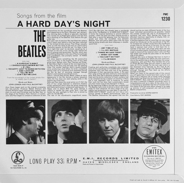 Image of Back Cover of LP - VG+/VG - THE BEATLES, A Hard Day's Night (Parlophone; PMC 1230, UK 2014 Reissue, Glossy Flipback Sleeve, No Brochure Insert, Mono, 180 Gram Vinyl, Remastered), Nice clean cover. Disc has a few unfeelable marks, essentially a VG+.,  - 3746132S