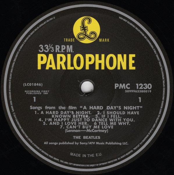 Image of Label Cover of LP - VG+/VG - THE BEATLES, A Hard Day's Night (Parlophone; PMC 1230, UK 2014 Reissue, Glossy Flipback Sleeve, No Brochure Insert, Mono, 180 Gram Vinyl, Remastered), Nice clean cover. Disc has a few unfeelable marks, essentially a VG+.,  - 3746132S