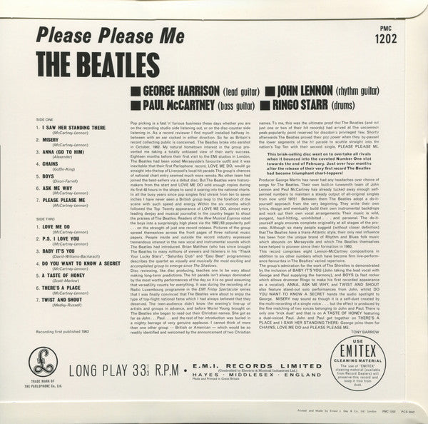 Image of Back Cover of LP - VG/VG+ - THE BEATLES, Please Please Me (Parlophone; PMC 1202, UK 2014 Reissue, Glossy Flipback Sleeve, No Brochure Insert, 180 Gram Vinyl), A few light scratches on cover, otherwise very clean. ,  - 3746131S