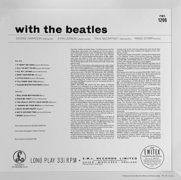 Image of Back Cover of LP - VG/VG+ - THE BEATLES, With The Beatles (Parlophone; PMC 1206, UK 2014 Reissue, Glossy Flipback Sleeve, No Brochure Insert, Mono, 180 Gram Vinyl, Remastered), Small stain on rear cover, otherwise VG+. Nice clean disc.,  - 3746130S