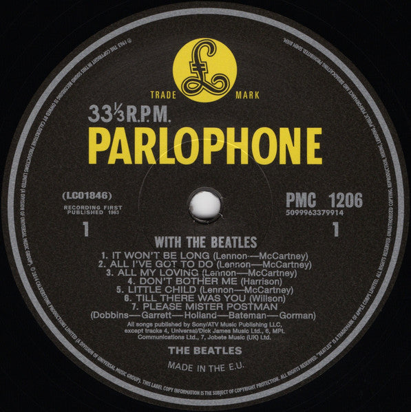 Image of Label Cover of LP - VG/VG+ - THE BEATLES, With The Beatles (Parlophone; PMC 1206, UK 2014 Reissue, Glossy Flipback Sleeve, No Brochure Insert, Mono, 180 Gram Vinyl, Remastered), Small stain on rear cover, otherwise VG+. Nice clean disc.,  - 3746130S