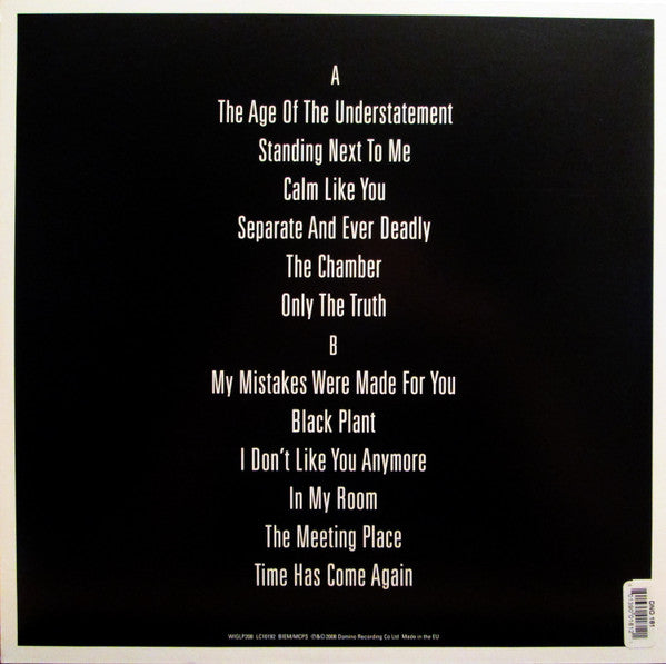 Image of Back Cover of LP - NEW/NEW - THE LAST SHADOW PUPPETS, Age Of the Understatement (Domino; WIGLP208, UK 2015 Reissue, Insert, Download Code), , The debut album for the side project of the Artic Monkeys' Alex Turner and The Rascals' Miles Kane.This isn't just a novel idea that is haphazardly hashed out but rather, the work of two impeccable musicians and it's a fine addition to either musician's catalog and a brilliant one at that.Of course the title's ironic. The most obvious comparisons (by their ow