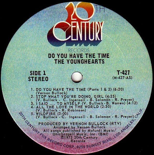 Image of Label Cover of 4045265S: LP - YOUNGHEARTS, Do You Have The Time (20th Century; T-427, UK 1973, Picture Sleeve, Company Inner) Lightest of marks. Strong VG. Cut out corner. Ringwear.  VG/VG