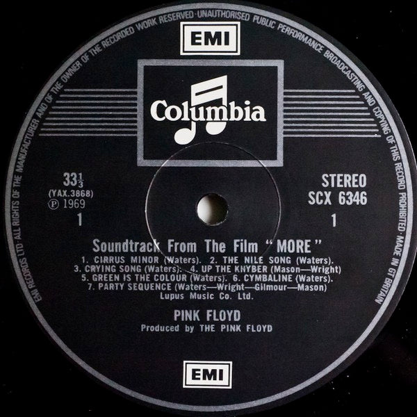 Image of Label Cover of 5144208S: LP - PINK FLOYD, More (Columbia; SCX 6346, UK 1970s Reissue, Laminated Non-Flipback Slv, Black Tinted, East Facing Sleeve)   VG/VG+