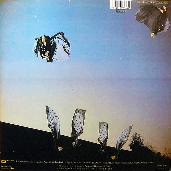 Image of Back Cover of LP - VG/G+ - KATE BUSH, Never For Ever (EMI; EMA794, UK 1980s Reissue, Gatefold With Barcode), Sleeve has the start of a small split on top seam.,  - 2616138C