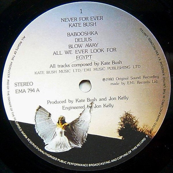 Image of Label Cover of LP - VG/G+ - KATE BUSH, Never For Ever (EMI; EMA794, UK 1980s Reissue, Gatefold With Barcode), Sleeve has the start of a small split on top seam.,  - 2616138C