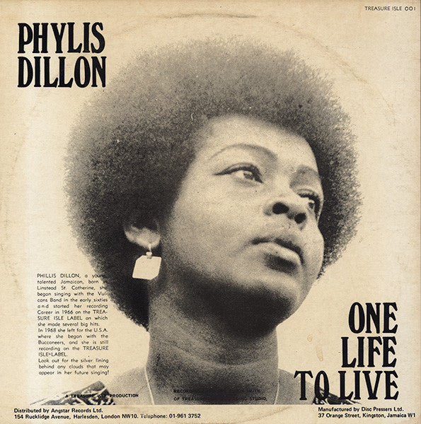 Image of Back Cover of LP - VG/G+ - PHYLLIS DILLON, One Life To Live (Treasure Isle; TI LP 001, Jamaica 1970s Reissue), Shiny copy; one feelable line affect A4 with light ticks, nothing too intrusive.WOL. Bit of wear on sleeve, still looks nice.,  - 2346321S