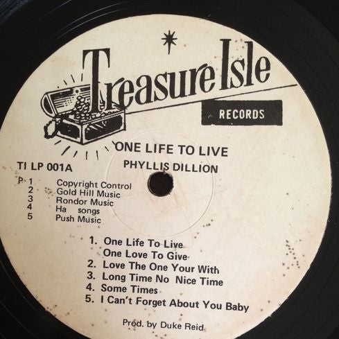 Image of Label Cover of LP - VG/G+ - PHYLLIS DILLON, One Life To Live (Treasure Isle; TI LP 001, Jamaica 1970s Reissue), Shiny copy; one feelable line affect A4 with light ticks, nothing too intrusive.WOL. Bit of wear on sleeve, still looks nice.,  - 2346321S