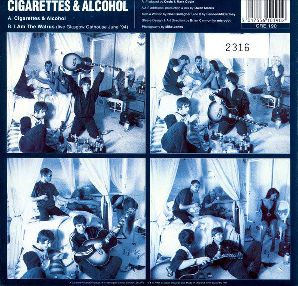 Image of Back Cover of 7" - G+/G+ - OASIS, Cigarettes & Alcohol / I Am The Walrus (Creation; CRE 190, UK 1994, Fold Over Sleeve, Numbered Limited Edition), Edge and ring wear, WOS. Only light hairlines on disc, nothing deep. Number 1783.,  - 4056080S