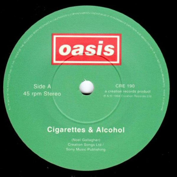 Image of Label Cover of 7" - G+/G+ - OASIS, Cigarettes & Alcohol / I Am The Walrus (Creation; CRE 190, UK 1994, Fold Over Sleeve, Numbered Limited Edition), Edge and ring wear, WOS. Only light hairlines on disc, nothing deep. Number 1783.,  - 4056080S