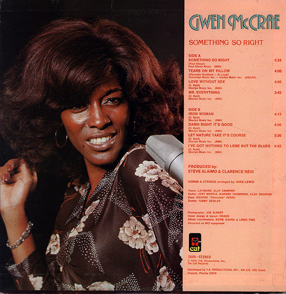Image of Back Cover of LP - VG/G+ - GWEN MCCRAE, Something So Right (Cat; 2608, US 1976, Pasteback Sleeve, Company Inner), Sleeve still in shrink, light wear and bruised corner. Company inner split on all sides but still just about intact. Disc has light marks and hairlines.,  - 2816011C