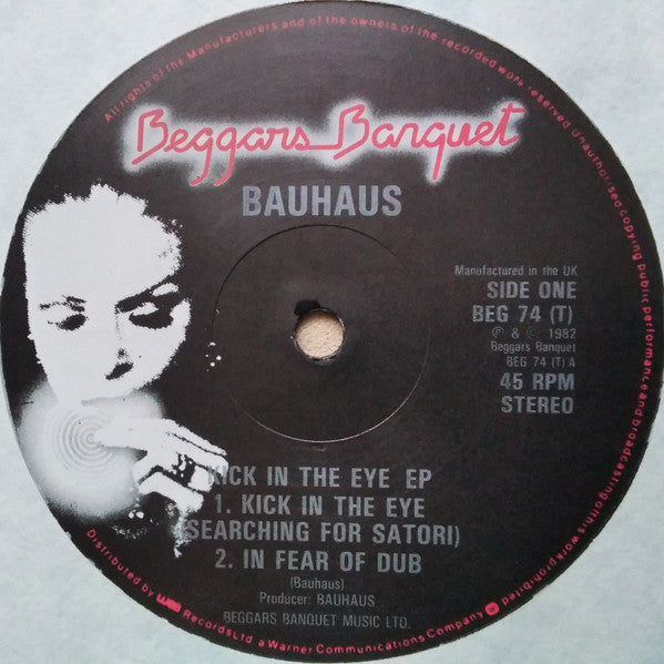Image of Label Cover of 12" - VG/VG - BAUHAUS, Kick In The Eye (Searching For Satori E.P.) (Beggars Banquet; BEG 74 (T), UK 1982, Gold Text Sleeve, Mispress With "Poison Pen" Instead Of "In Fear Of Dub"), ,  - 4316172C