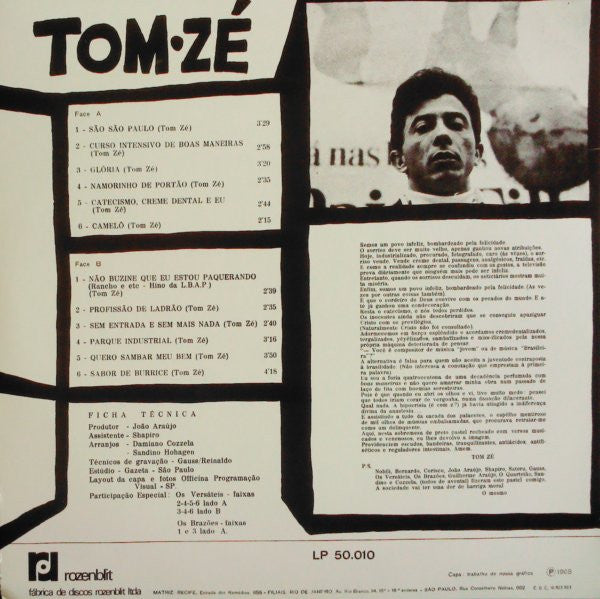 Image of Back Cover of 1334124E: LP - TOM ZE, Grande Liquida  o (MR BONGO; MRBLP075, UK 2011 Reissue)   NEW/NEW