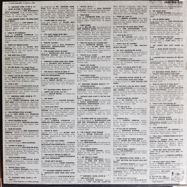 Image of Back Cover of 5xLP - VG/VG+ - VARIOUS, Them Dirty Blues (A Five Record Copulation Compilation) (Jass Records; JASS BOX ONE, US 1987, Box Set), Small split on one corner of box.,  - 2316075C