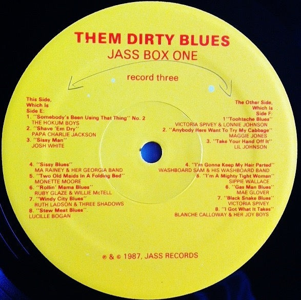Image of Label Cover of 5xLP - VG/VG+ - VARIOUS, Them Dirty Blues (A Five Record Copulation Compilation) (Jass Records; JASS BOX ONE, US 1987, Box Set), Small split on one corner of box.,  - 2316075C