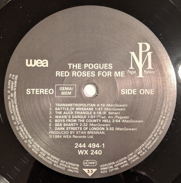 Image of Label Cover of LP - VG/VG+ - THE POGUES, Red Roses For Me (WEA; 244 494-1, Europe 1988 Reissue), Edge wear, creasing, small tear to opening edge.,  - 3626438E