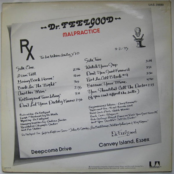 Image of Back Cover of LP - VG/G+ - DR. FEELGOOD, Malpractice (United Artists Records; UAS 29880, UK 1975, Laminated Sleeve, 'DOF/UP/75' Printer Code, Warner Bros Publishing Credit B2), ,  - 2946137S